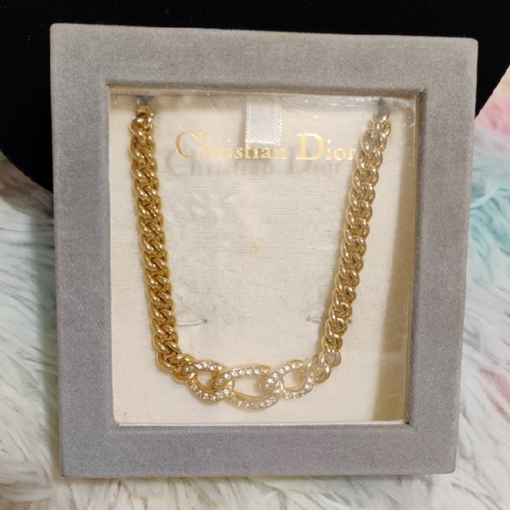 Auth Christian Dior Gold Rhinestone Choker Necklace Chunky Curb Chain/Box